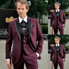 Burgundy 3Pcs Men's Evening Suits Peak Lapel with Beaded Dinner Party Jacket