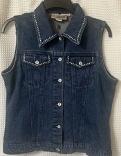 Vintage Christine Alexander Vest Womens SZ S Swarovski Crystals Denim Jean Bling