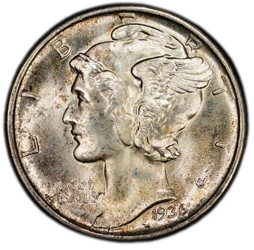 1936 D Silver Mercury Dime. MS66. No FB. Superb GEM With Awesome Toning. Frosty