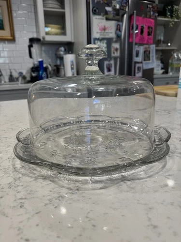 Vintage Glass Cake Plate and Dome. Anchor Hocking Savannah Floral Pattern