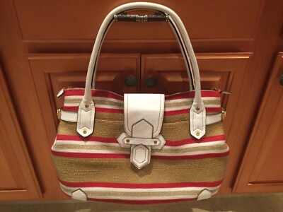 ERIC JAVITS $345 tan red white gold stripe squishee tote bag large handbag 