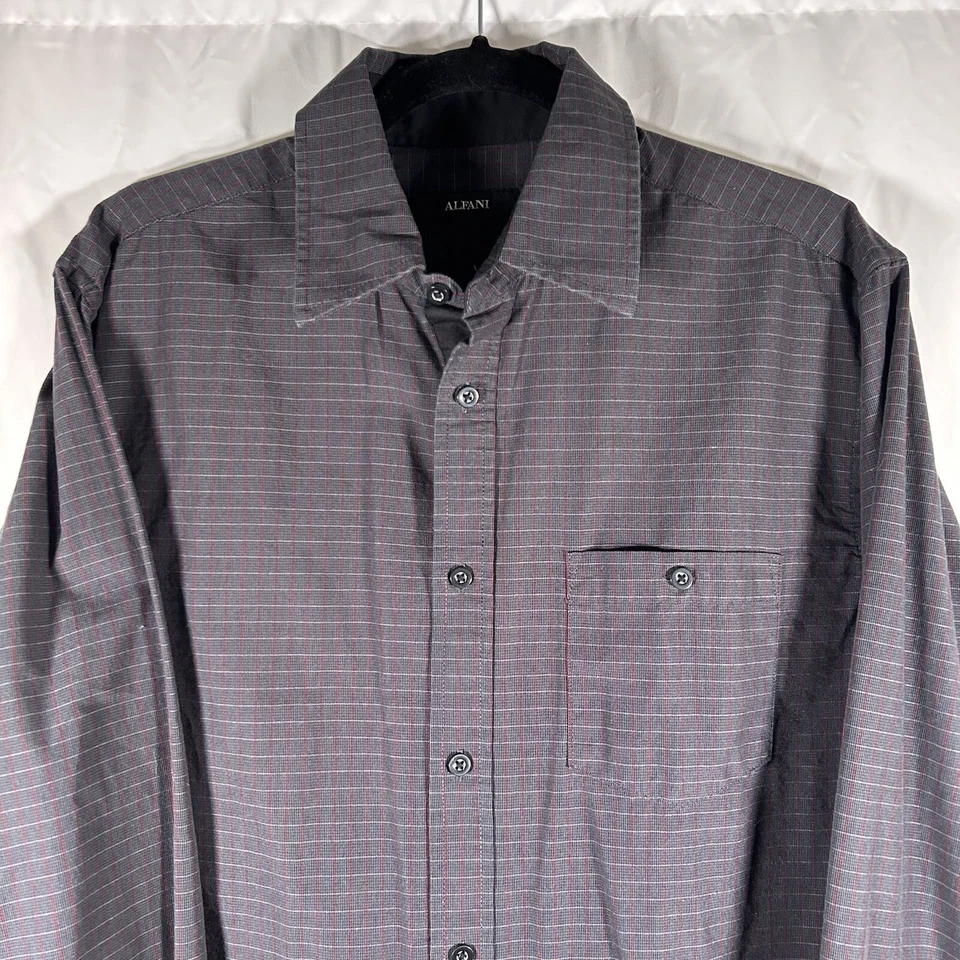 Camisa de vestir Alfani para hombre mediana negra roja a rayas abotonadas manga larga algodón Foto 2 de 4