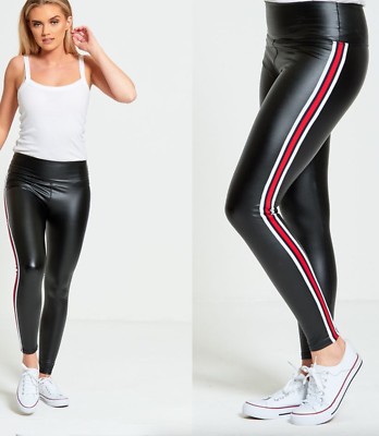 New Womens Side Stripe High Waist Shiny Leggings PVC Wet Look Pants