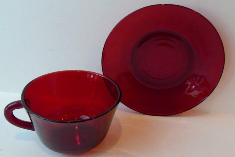 Arcoroc Ruby Red Cup and Saucer Set  Luminarc France Glass Coffee Hot Tea