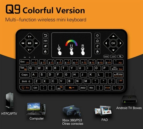 Q9 RPG 7-Color Backlight 2.4GHz USB Mini Wireless Keyboard Remote+Touch Mousepad - 第 1/11 張圖片