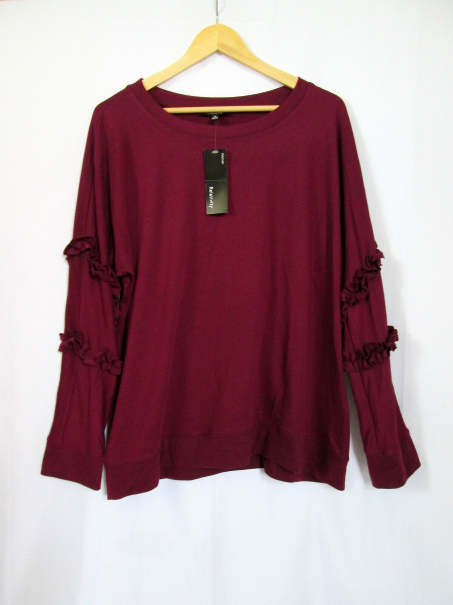 プラム NEW Relativity 1X Wine Plum Purple 3/4 Ruffle Sleeve Soft Knit