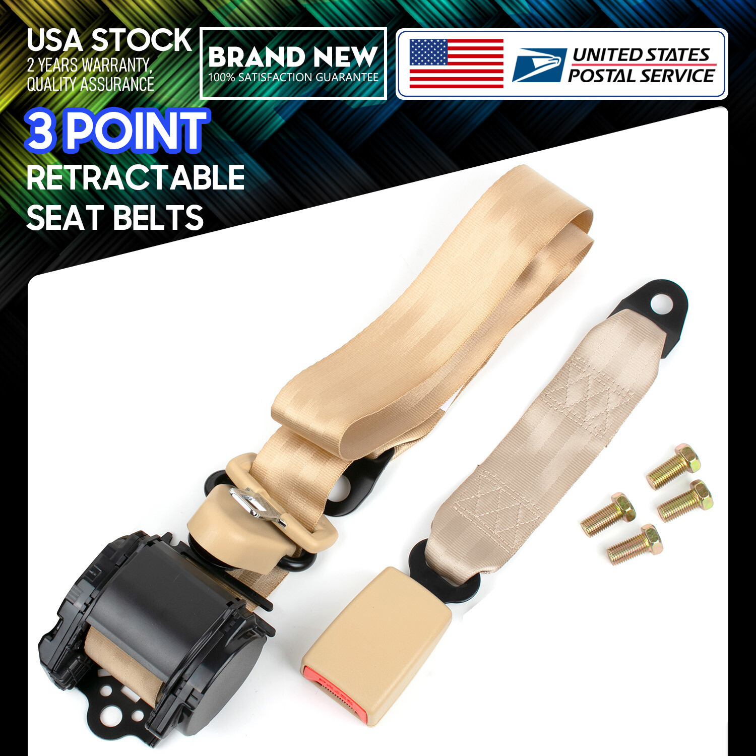 1X Retractable 3 Point Safety Seat Belt Straps Car Vehicle Adjustable Belt Kit