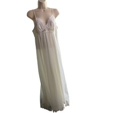 Vintage Shadowline Ivory Lace Sheer Nightgown Floral Accents Spaghetti Straps