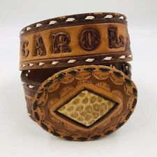 Vtg Belt With Buckle Hand-Tooled Acorns Leaves Western Leather Size 30-34 CAROL