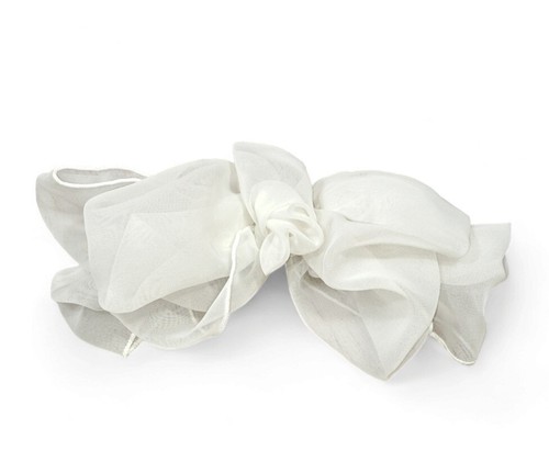 Vintage 90s Big Silky Hair Bow Barrette Clip Ribbon Ruffle Oversized Sheer White - Picture 3 of 7