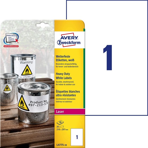 Avery Zweckform L4775-20 Wetterfeste Folienetiketten (210X297 Mm Auf Din A4, Ext-image