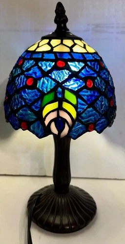 Vintage Small Tiffany Style Stained Glass Lamp Beautiful Colors 11 Inches