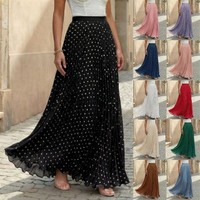 UK Women's Polka Dots Summer Swing Dress Holiday Pleated Beach Long Maxi Skirts