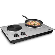 1800W Double Hot Plate Stainless Steel Silver Countertop Burner Portable Elec...