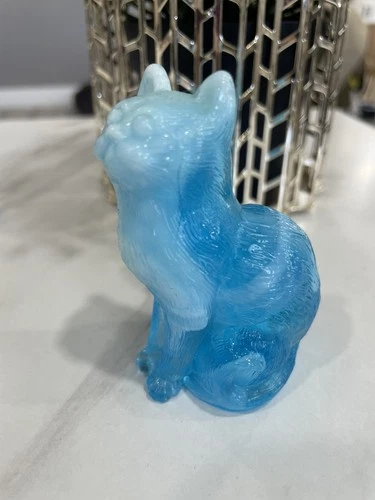 Vintage Mosser Sitting Cat Figurine ~ Blue Milk Glass