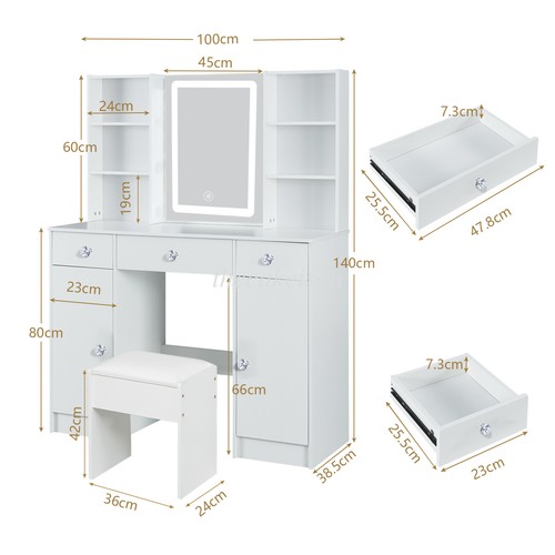 LED Vanity Desk Makeup Dressing Table with 3 Drawers & Storage Shelves White - Picture 2 of 11