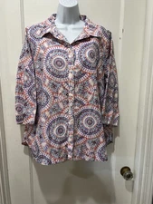 Chicos Women Size 3 XL Multicolored Boho Pattern No Iron Button Up Shirt Career