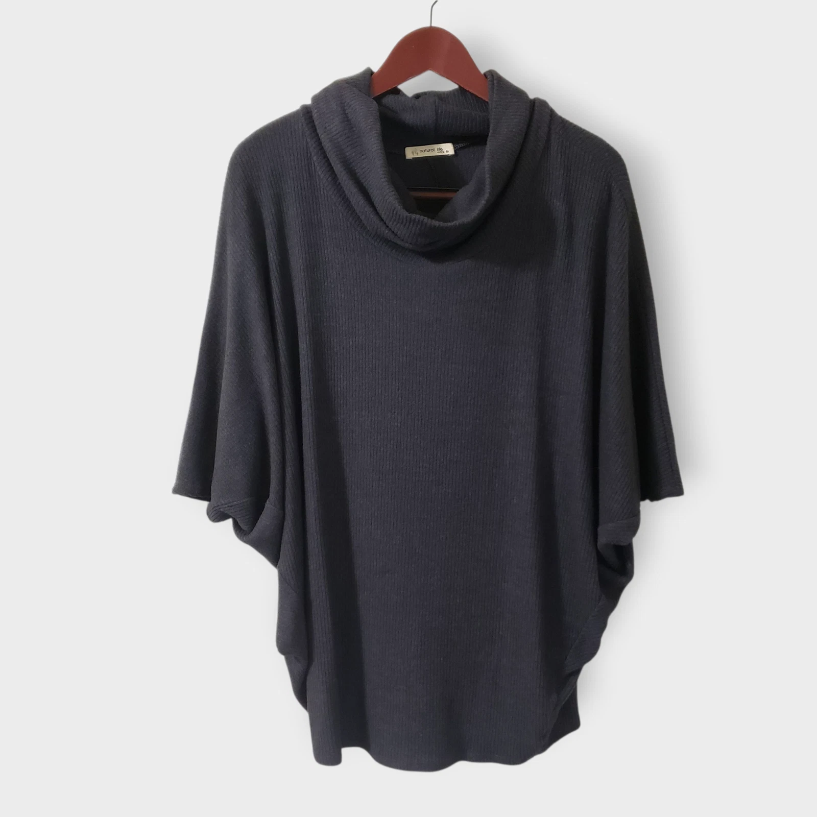 Natural Life Ribbed Knit Cowlneck Poncho Top Grey Sz M Boho Western Fall Minimal