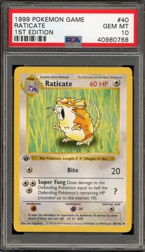 Pokemon Raticate Base Set Shadowless 1st Edition #40 PSA 10 Gem Mint