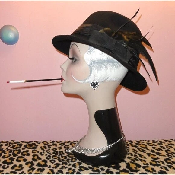 Vintage Chelton Black Wool Cloche Hat w/ Feathers bow church hat Kentucky derby Black Wide Brim Derby Church Hat: Rose Flowers, Ostrich  main image 4