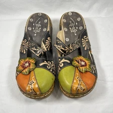 Socofy Women's SZ 10 (41) Colorful Floral Leather Clogs Mules Boho Artsy Hippie
