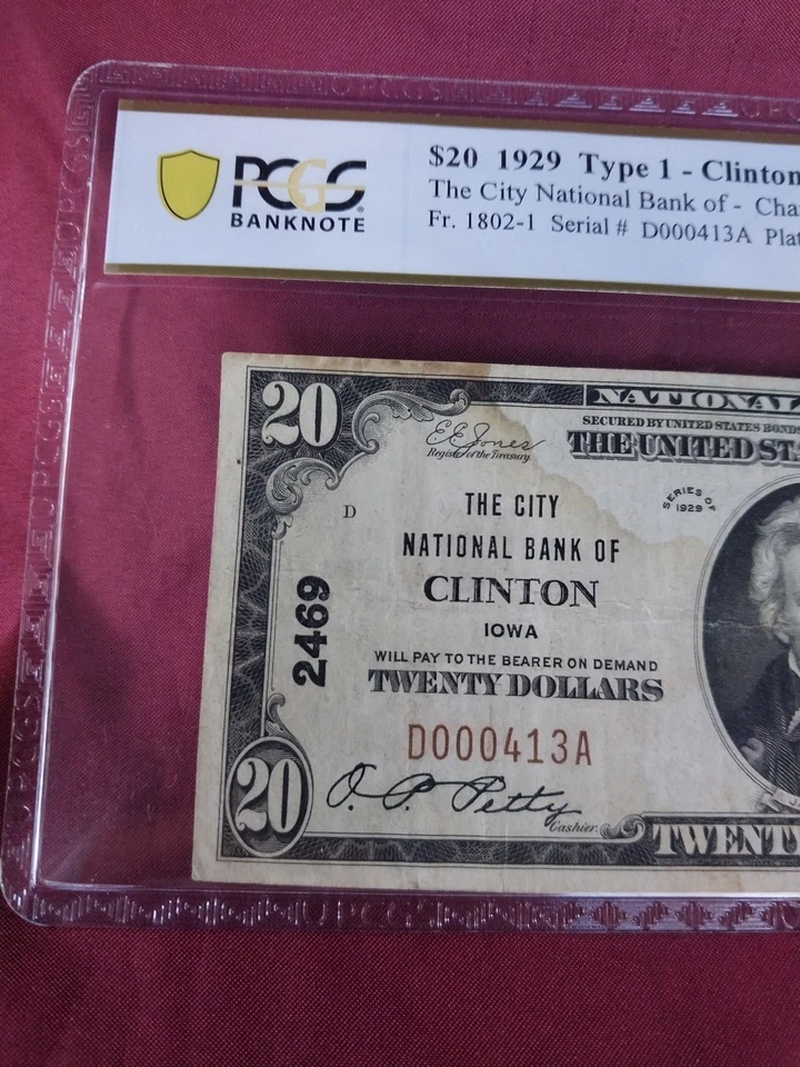1929 Twenty Dollar Bill First National Bank Clinton IA Low # VERY RARE - Image 2 of 4