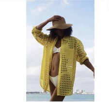 Solid & Striped Oxford Eyelet Tunic Coverup Mini Dress Long Sleeve Citron XS