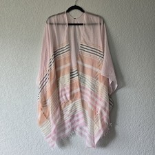 Pink Striped Kimono Wrap Gold Metallic Accents Sheer Boho Beach Coverup OS