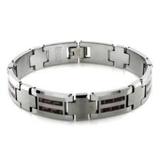 Tungsten Carbide Double Row Red Carbon Fiber Inlay Men's Biker Bracelet 8.5"
