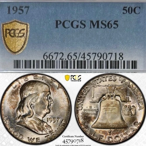 1957 Franklin Half Dollar PCGS MS65 Toned Silver Coin 50C Gold Shield Secure