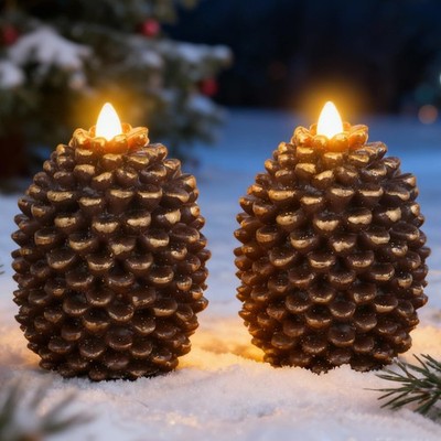 Pine Cone Flameless Candles Battery Operated with 6 Hour Timer Unscented Real...