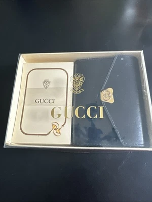Vintage GUCCI Black Leather Pocket Diary Notebook Cover Set Pen Box Crest Rare - Image 1 of 4