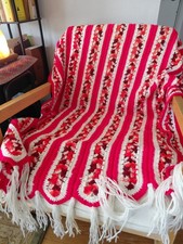Vintage Hand Dyed Red and White Crochet Blanket Afghan Retro Armchair Knit