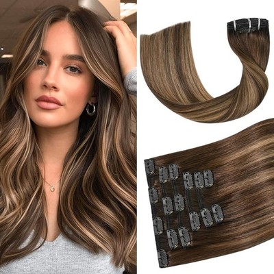 Aison Caramel Clip in Hair Extensions Real Human Hair 70G, 7 Piece, 12''