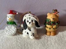 Christmas ornaments set of 3 dalmatian dog snowman & bear bird on head PO9049