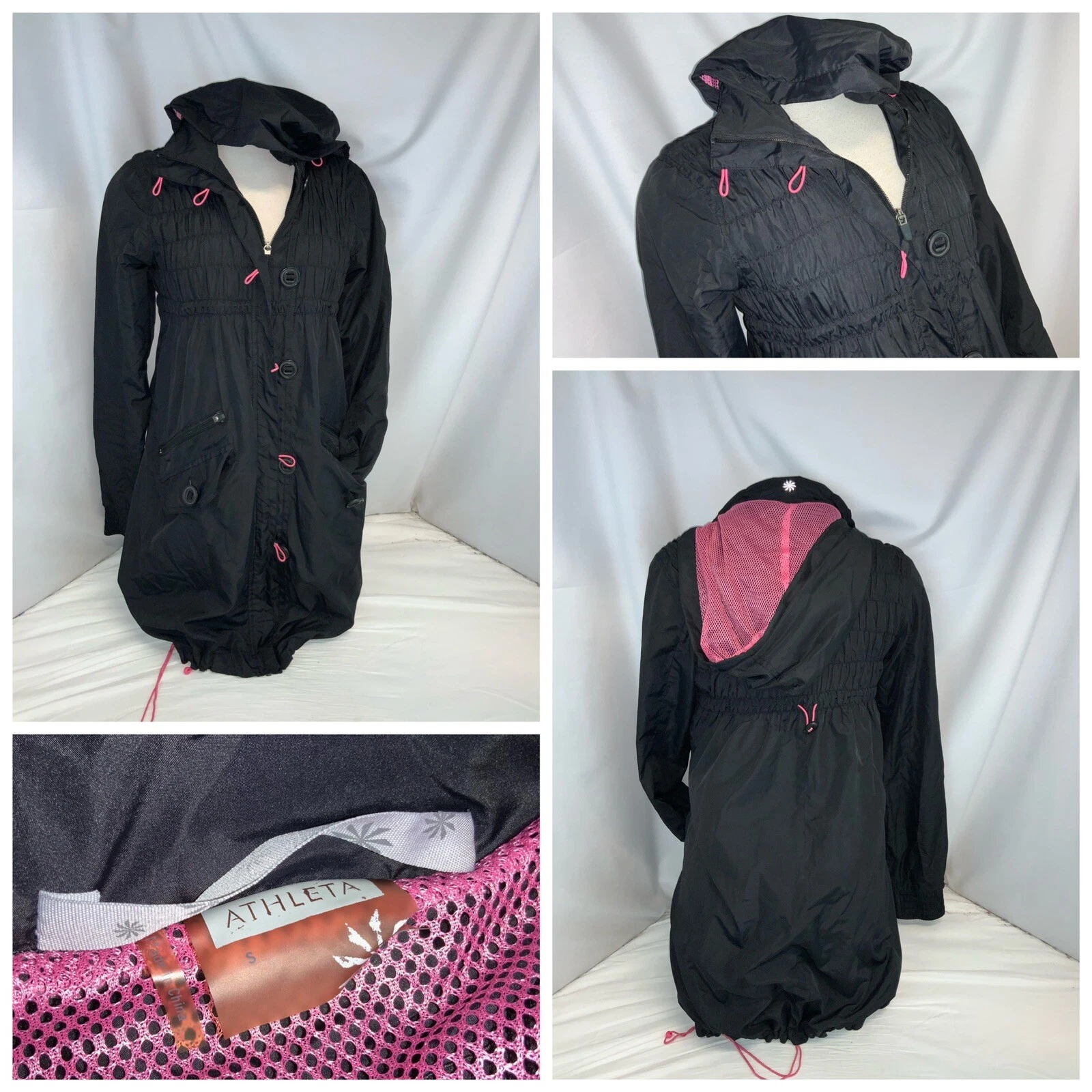Athleta Hoodie Long Jacket S Women Black Poly Zip Button No Flaws YGI K0-200