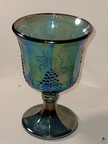VINTAGE IRIDESCENT BLUE PURPLE CARNIVAL GLASS PEDESTAL GOBLET HARVEST GRAPE - Picture 5 of 5