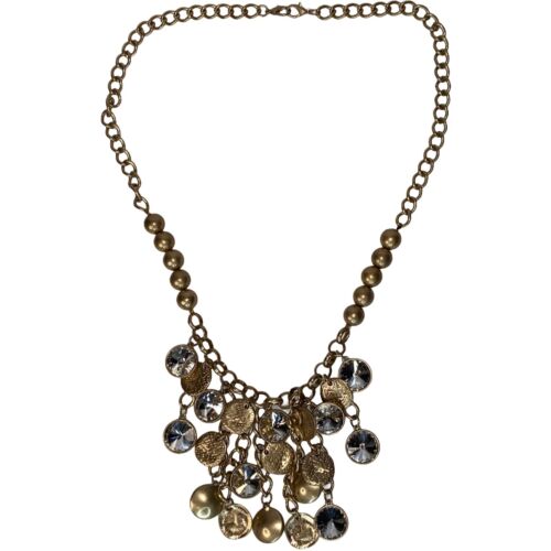 Vintage Gold Tone Metal Bib Drop Charm Pendant Statement Chain Link Necklace 26” - Picture 4 of 12
