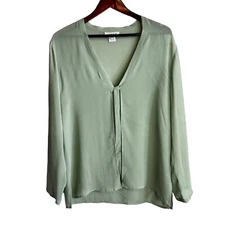 Citron Blouse Womens Medium Silk Sage Green Tie Front Top Long Sleeve