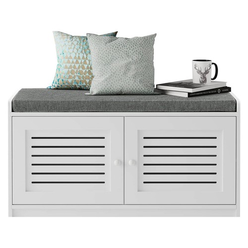 Sturdis Shoe Storage Bench w/ Adjustable Shelves & Cushioned Seat, White (Used)