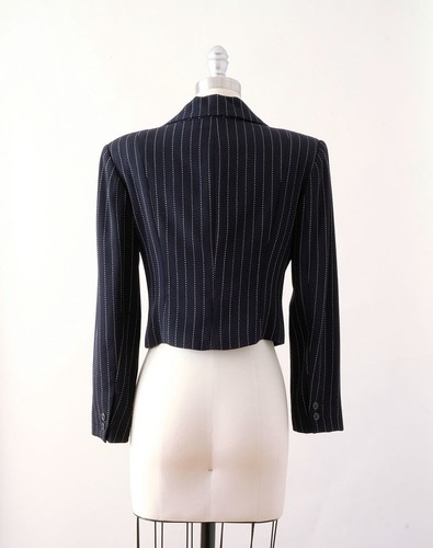 Vintage Norma Kamali 1990's Navy Double Breasted Pinstripe Cropped Blazer Jacket - Picture 6 of 15