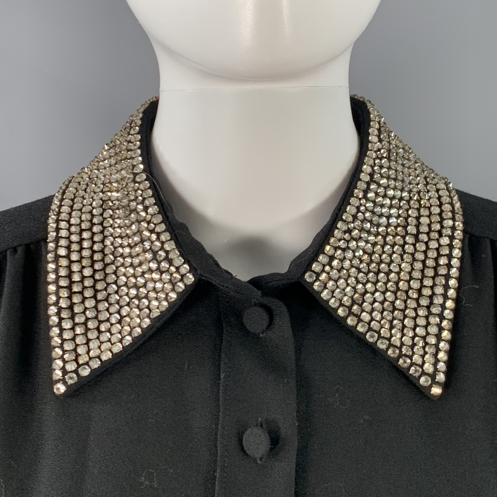 SAINT LAURENT Taglia 8 Abito Lungo Manica Nera Oro In Crepe Di Lana Con Strass