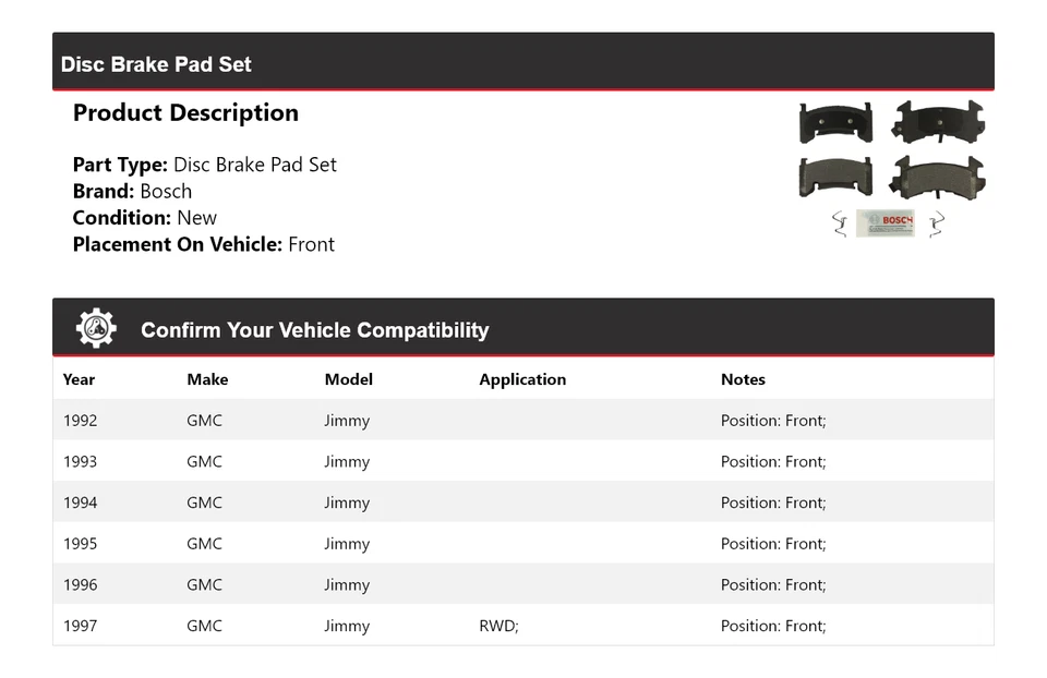 Pastillas de freno semimetálicas con herrajes delanteras 1993 para GMC Jimmy Bosch 1992-1997 Foto 2 de 4
