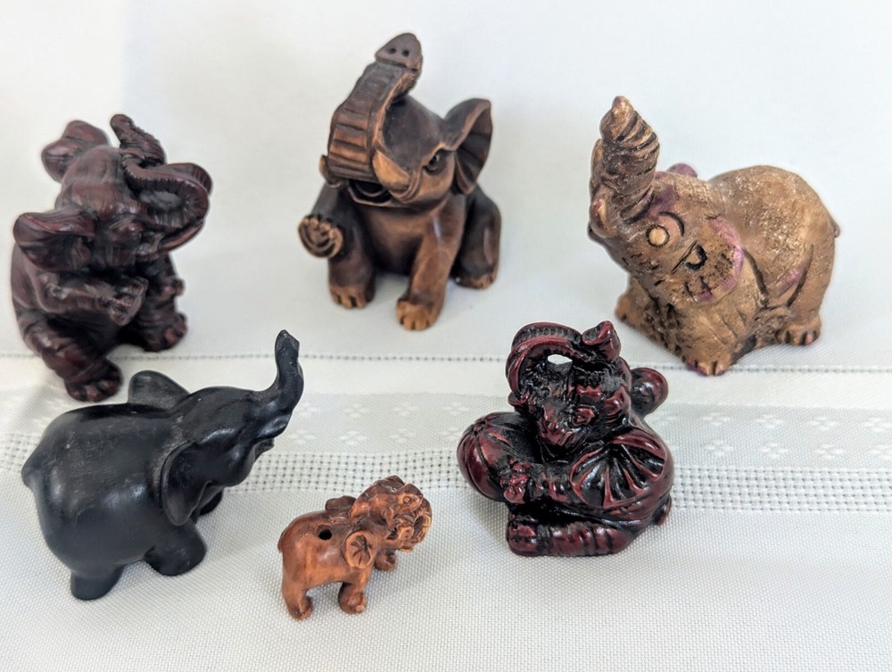 Mini Elephant Figurines Six  - Collection  Brown Resin Handcrafted  1