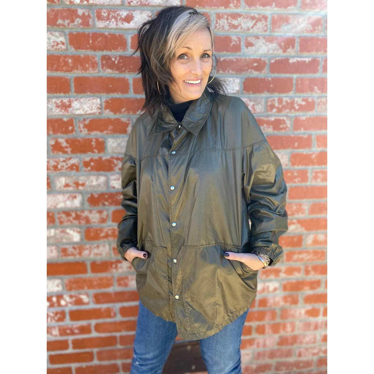 Woolrich Army Green Nylon Raincoat Windbreaker Coat Jacket Size L
