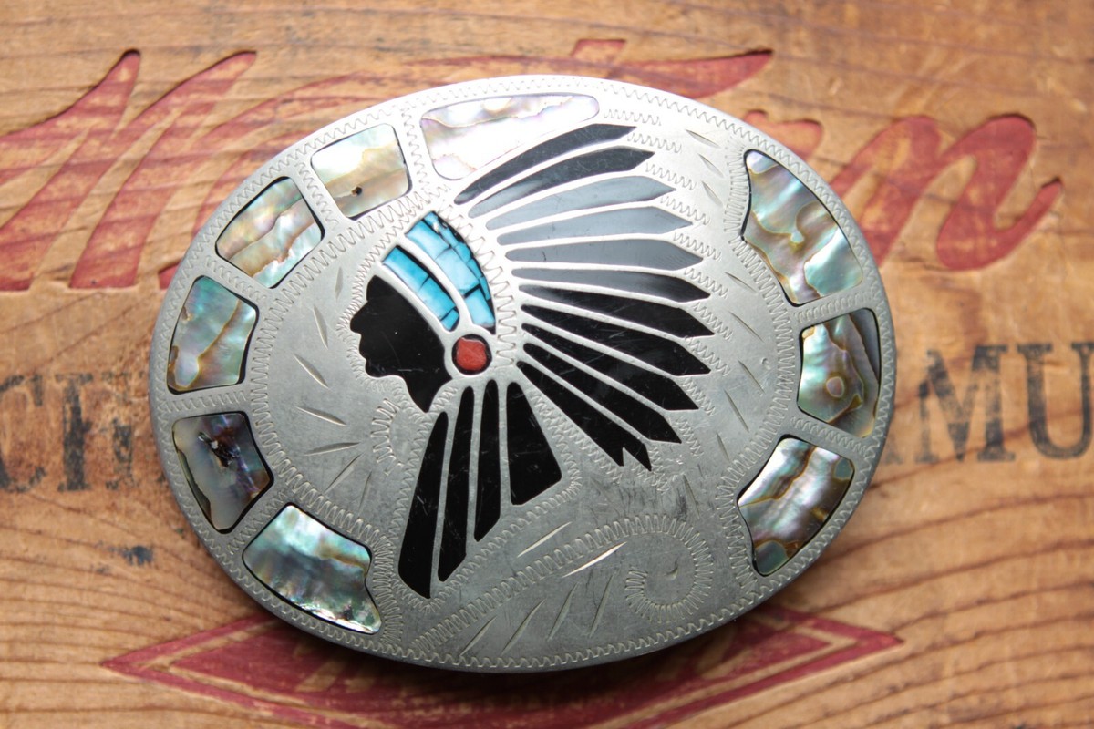 Belt Buckle Metal Abalone Inlay Indian Chief Head Native American Belt Buckle - Native American Indian Chief Head – Sold Outright main image 4