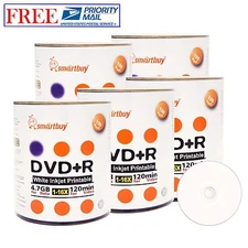 500 Pcs Blank Smartbuy 16X DVD+R 4.7GB White Inkjet Hub Printable Record Disc