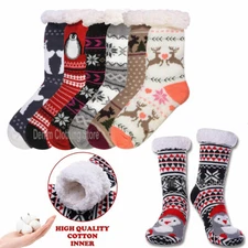 Women's Thermal Cozy Fuzzy Deer Snowflake Fleece-lined Non-Skid Slipper Socks 