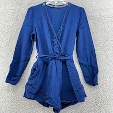 Lovers Friends Wmns M Cobalt Blue Long Sleeve Vneck Romper Elastic Tie Waist