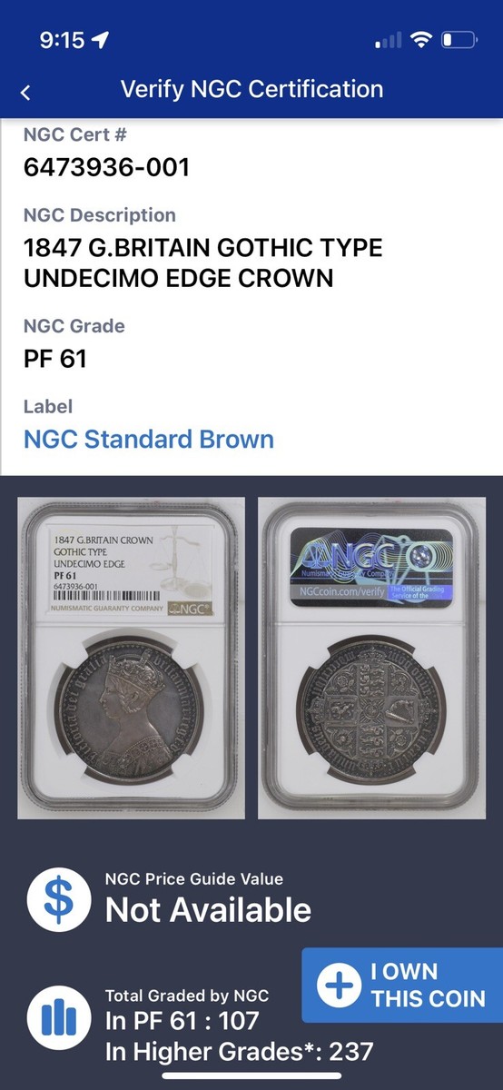 1847 Gothic Crown Unidecimo G. Britain, Rare NGC PF61, aging